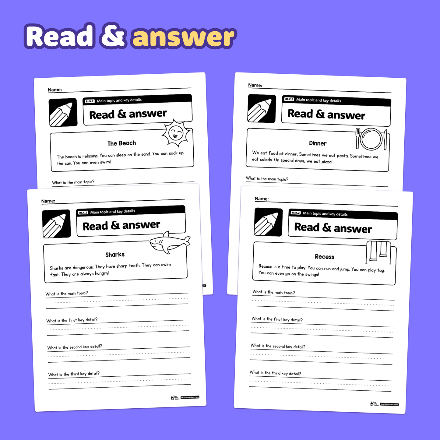 Four worksheets with main topic and key details activities for kindergarten.