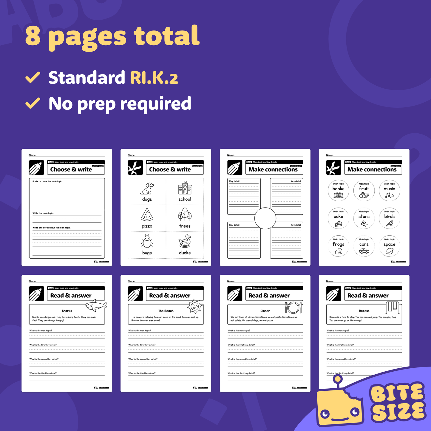 Eight kindergarten worksheets for identifying main topic and key details are shown.