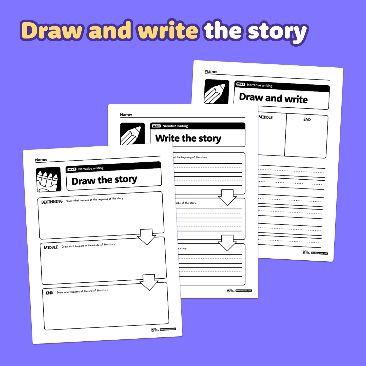 Three worksheet pages with kindergarten narrative writing prompts are displayed.