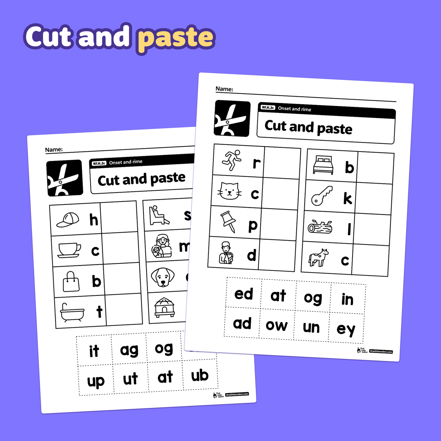 Printable worksheets showing onset and rime activities for kindergarten students.