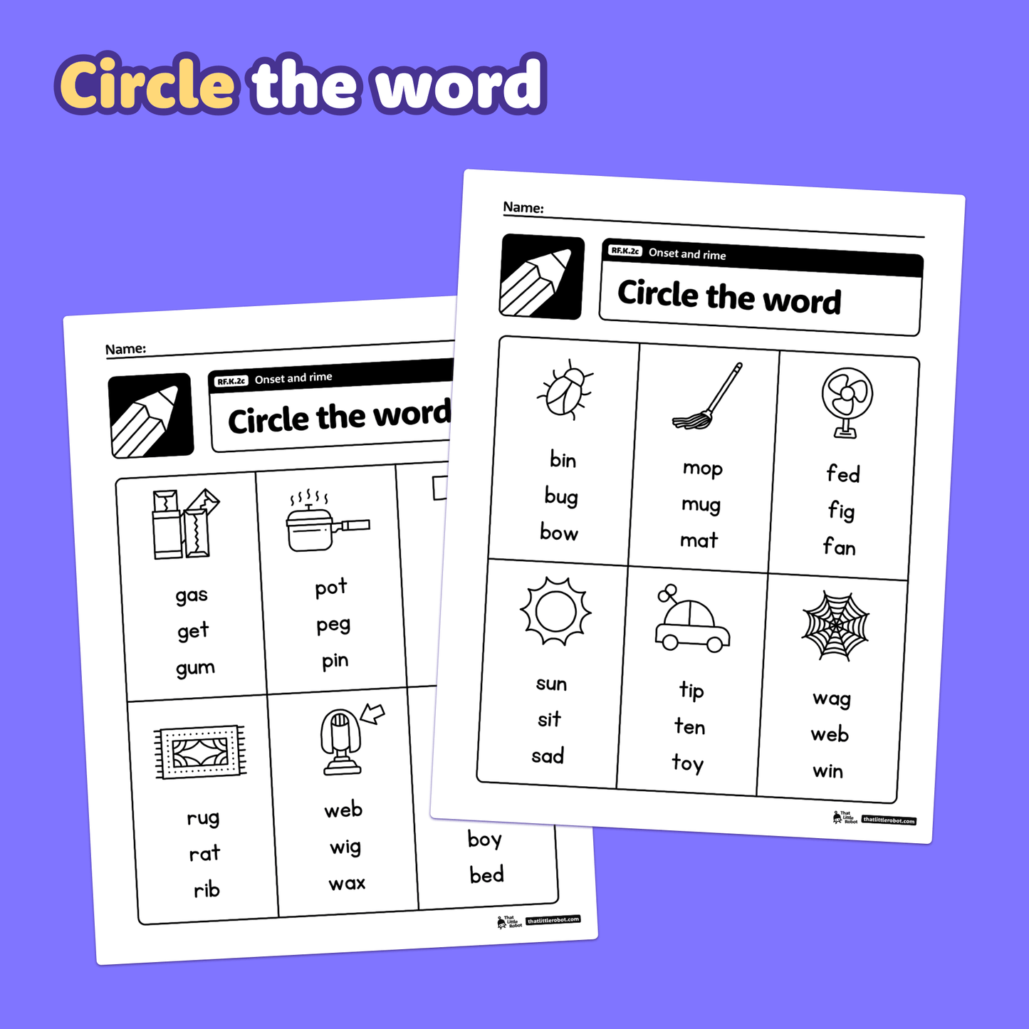 Two kindergarten worksheets with onset and rime activities and illustrated images.