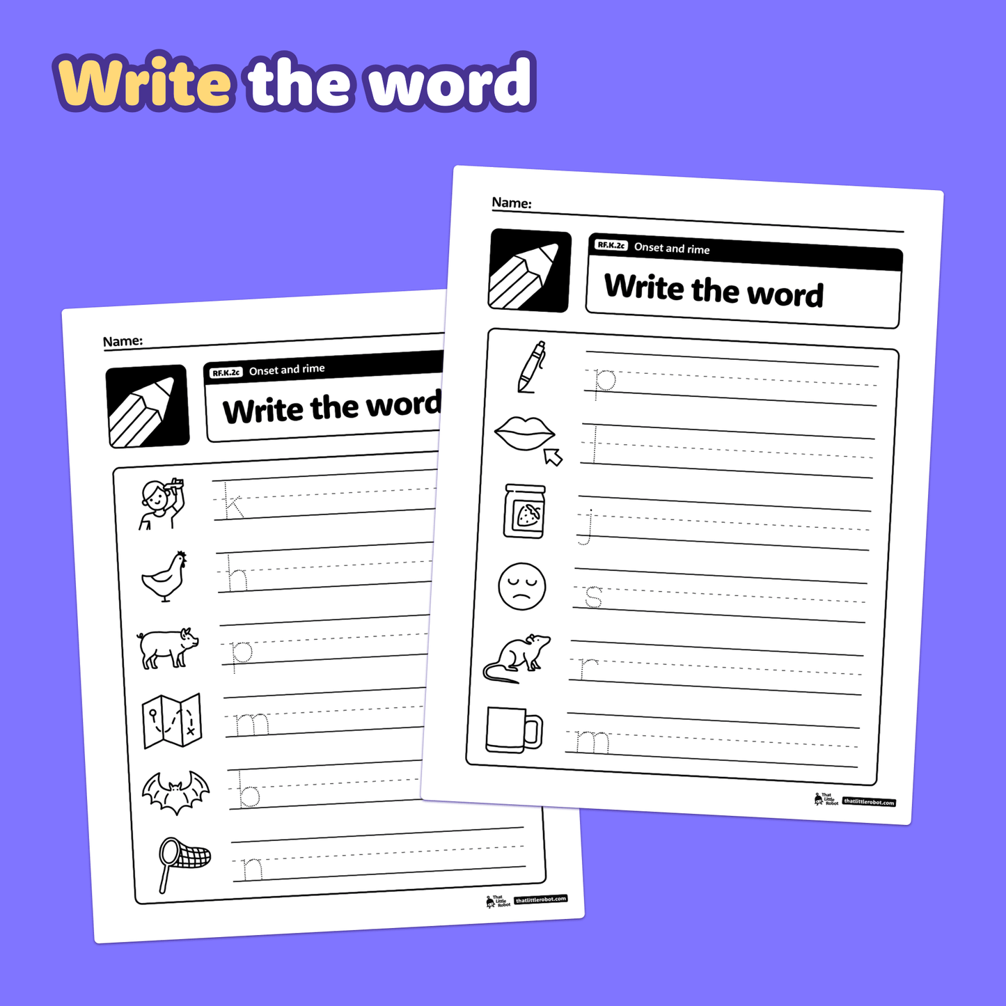 Kindergarten worksheets with onset and rime images and lines for writing.