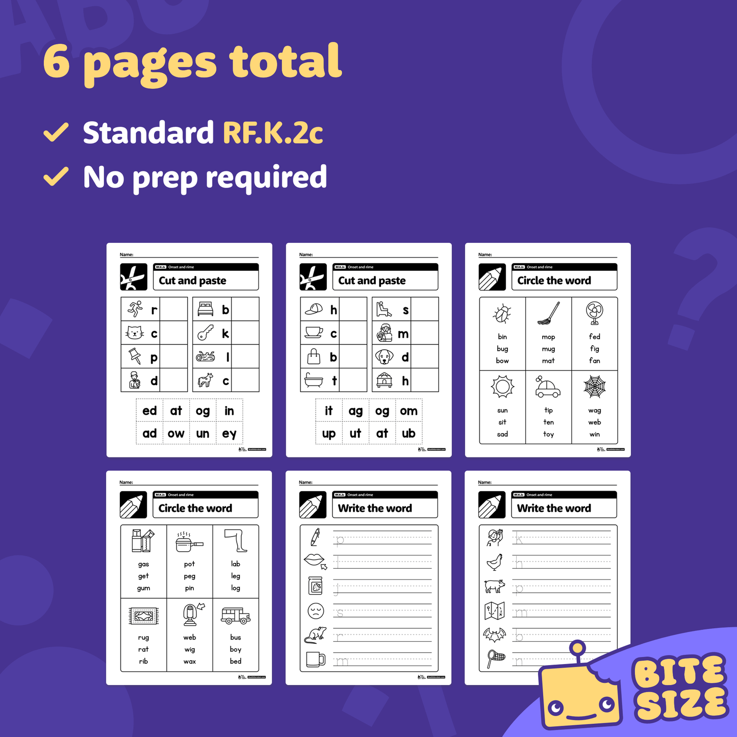 Preview of six onset and rime worksheets with various phonological tasks.