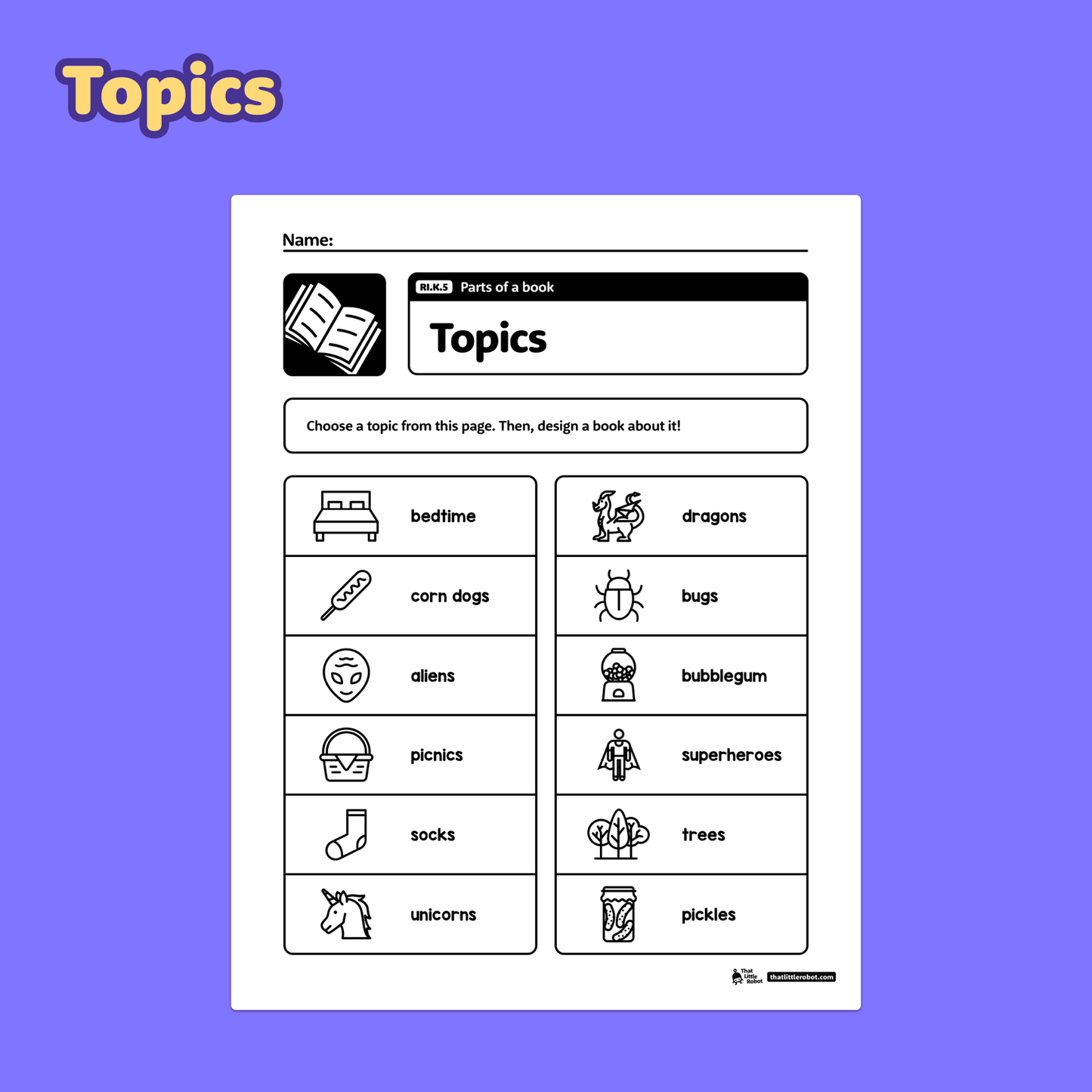 A worksheet with 12 book topic options and parts of a book sections to complete.