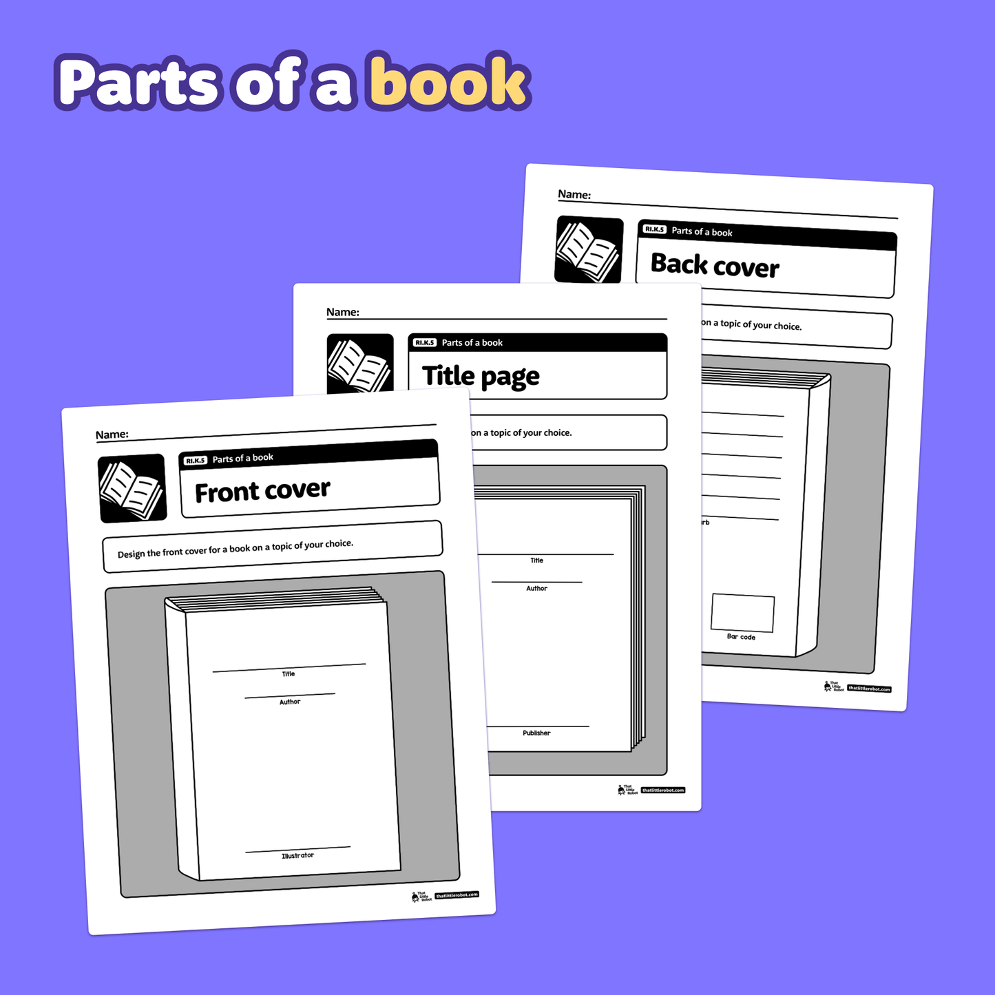 Worksheets with sections for labeling front, title, and back covers of a book.