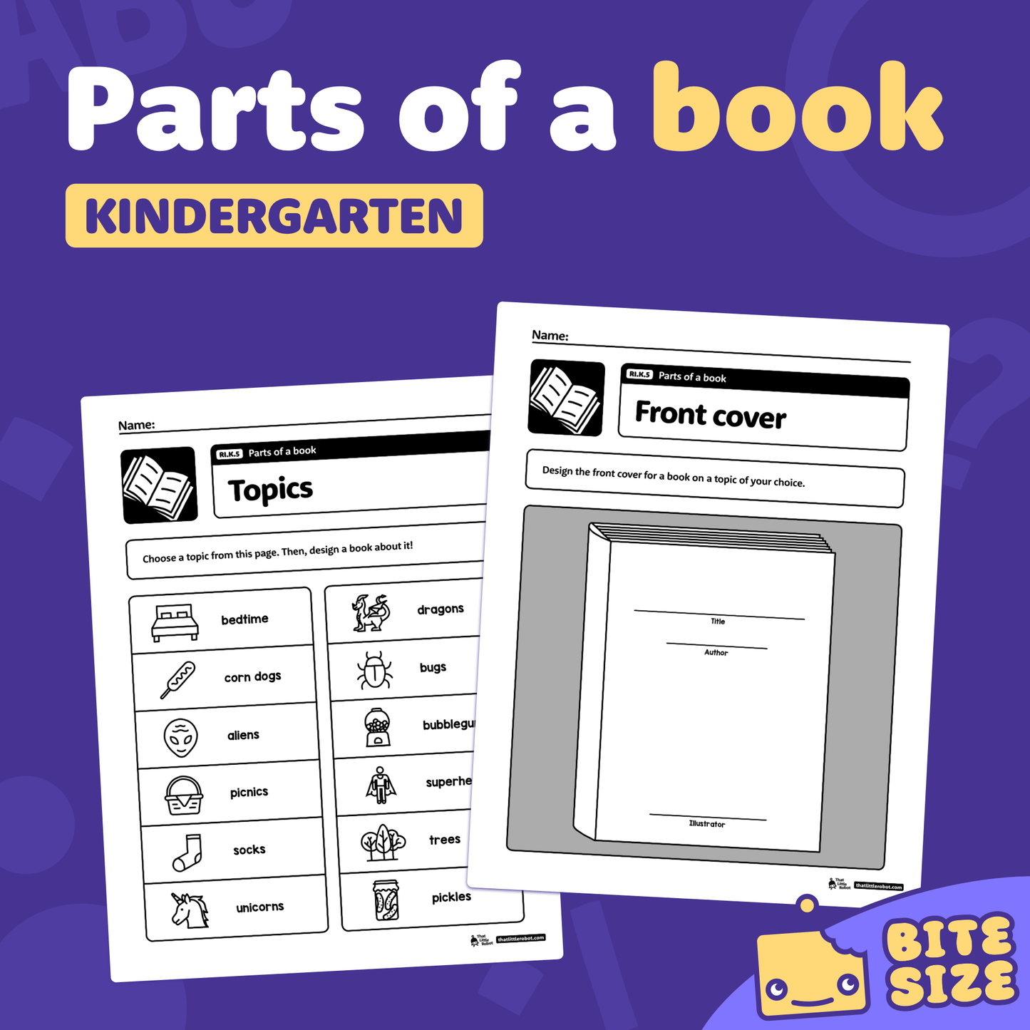 Two editable kindergarten worksheets about parts of a book are shown.