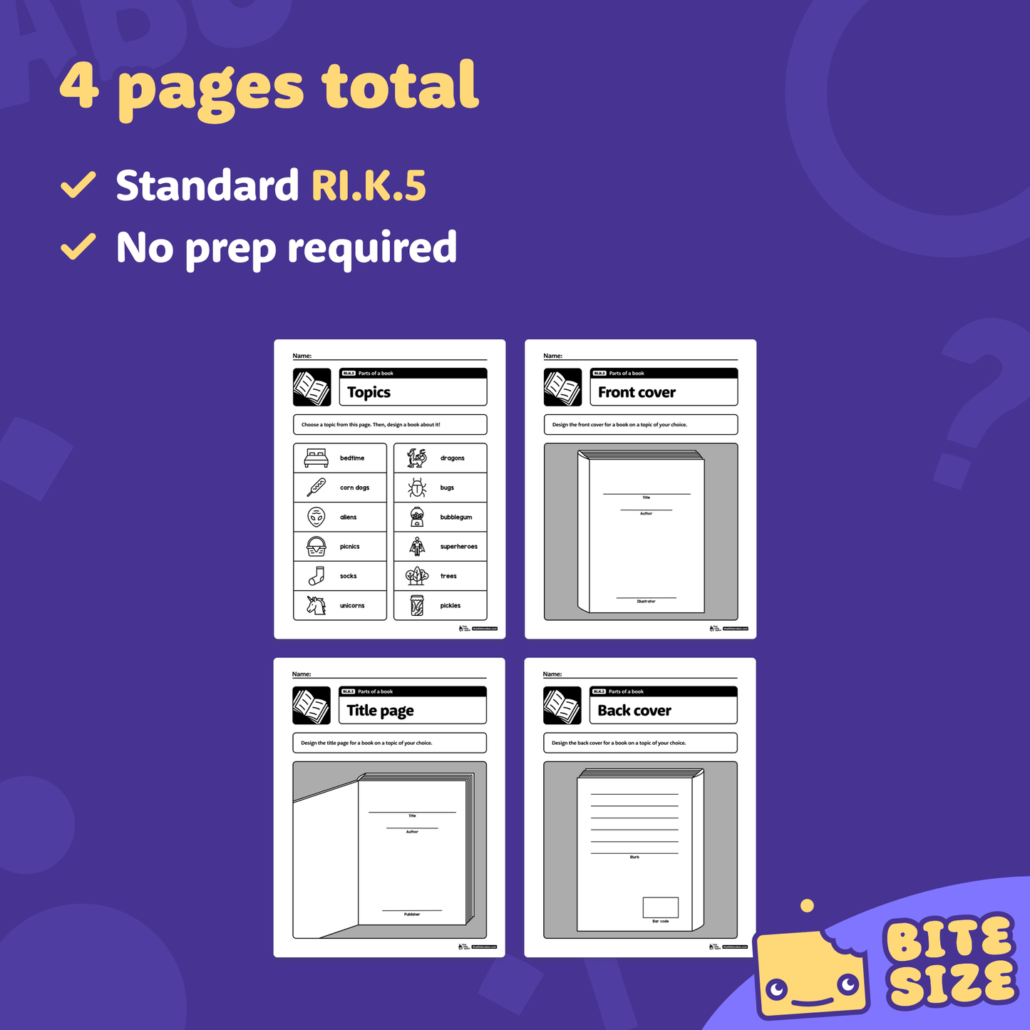 Four printable kindergarten worksheets about parts of a book are shown.