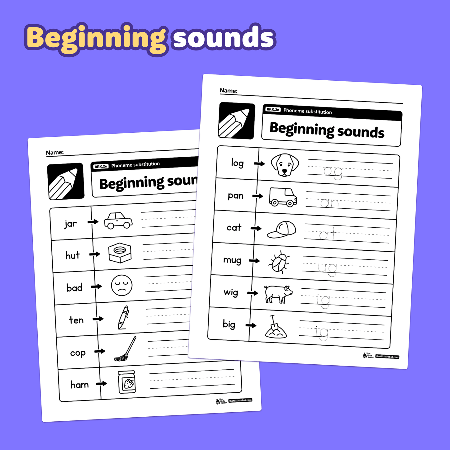 Two kindergarten phoneme substitution worksheets with letter and picture activities.