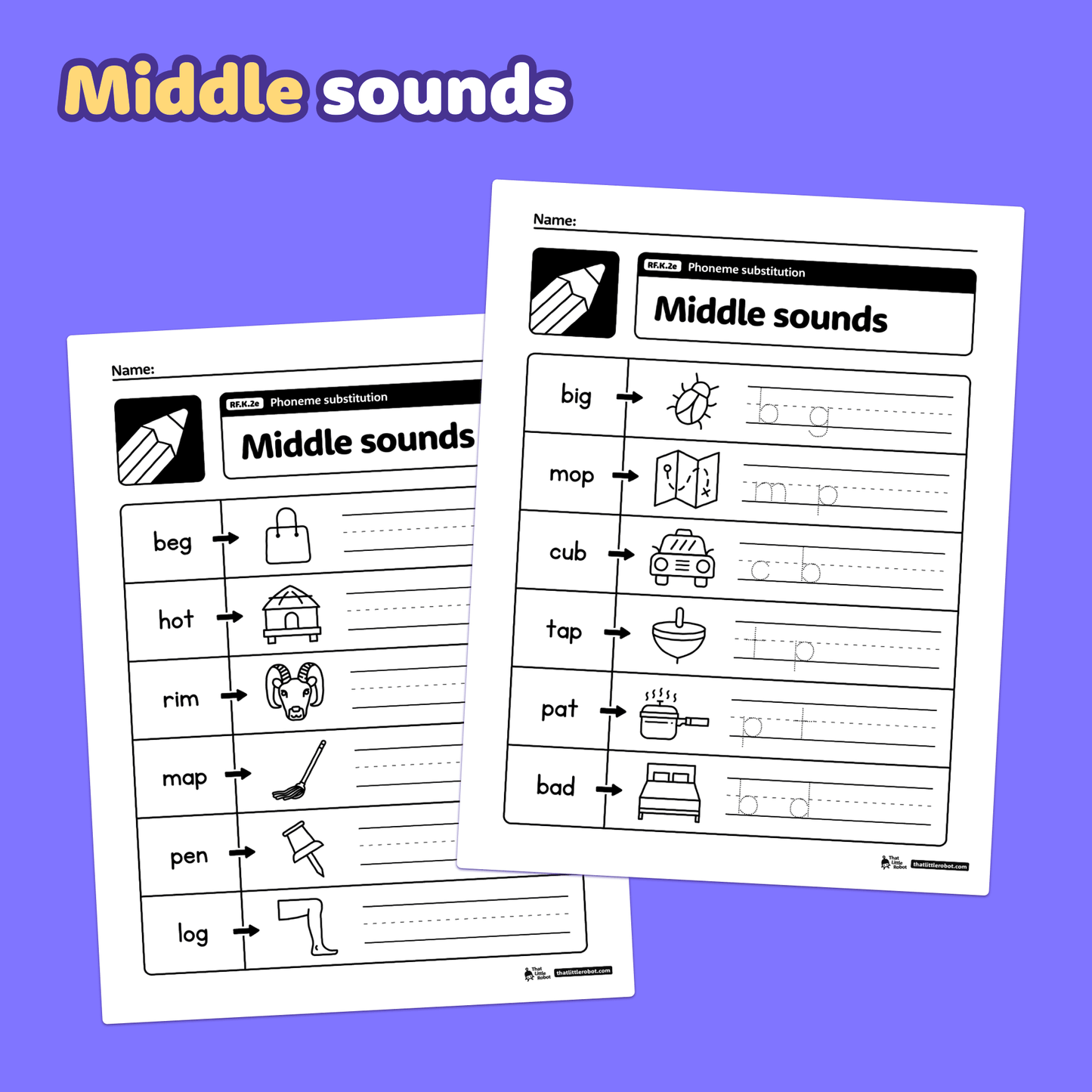 Two worksheets with images and blanks for kindergarten phoneme substitution.
