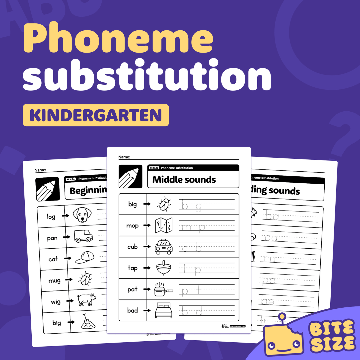 Printable PDF showing kindergarten phoneme substitution worksheets and RF.K.2e code.