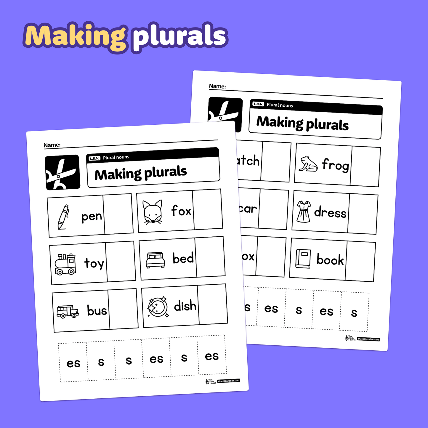 Two kindergarten worksheets show plural nouns with pictures, words, and answers.