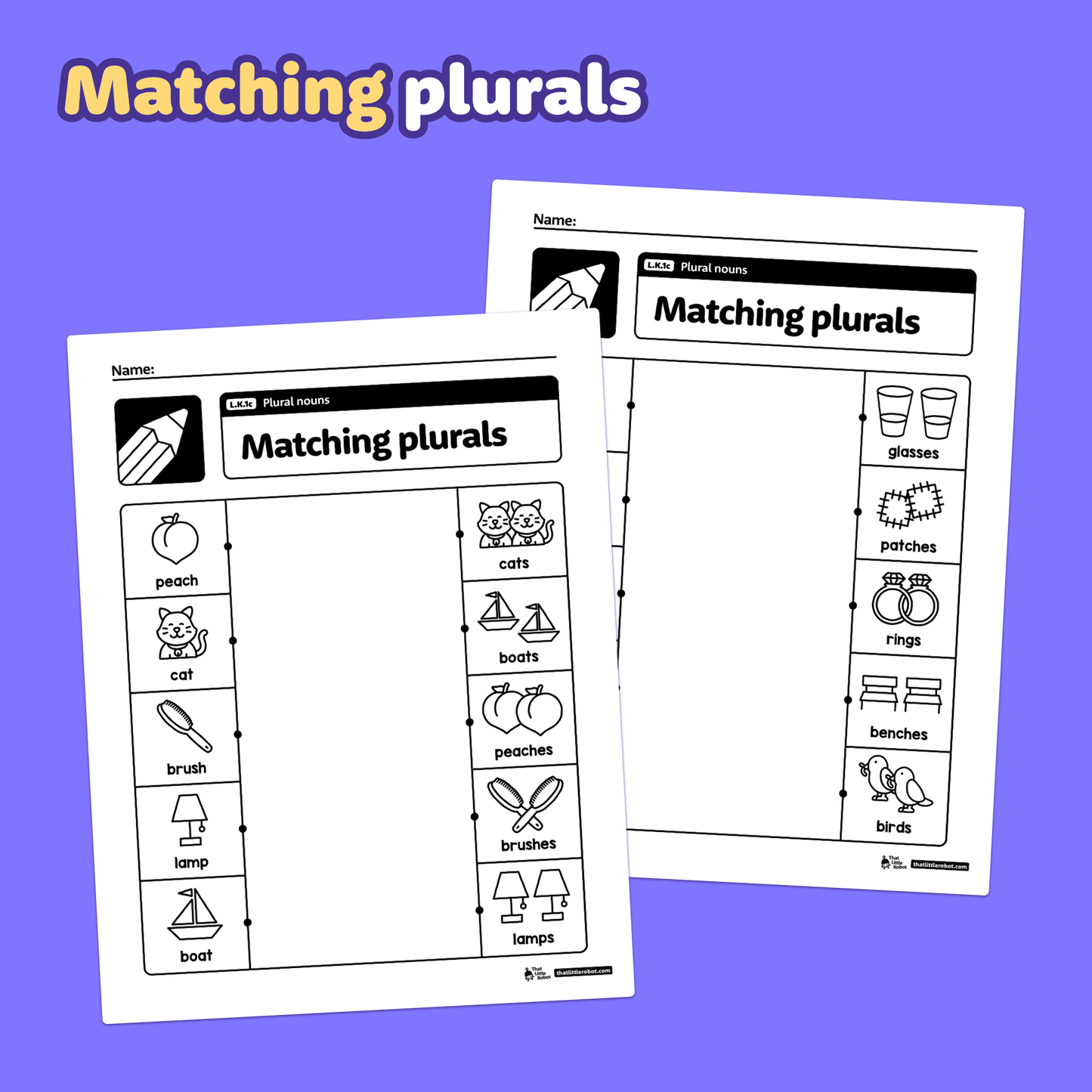 Two worksheet pages show images and words practicing kindergarten plural nouns.