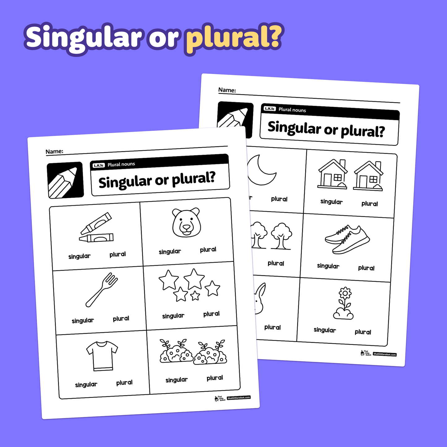 Printable PDF worksheets with images for sorting singular and plural nouns.