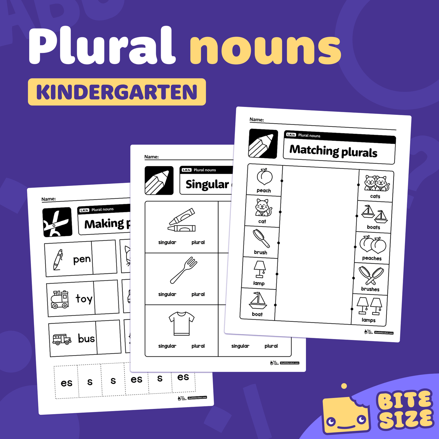 Printable worksheets with activities for practicing plural nouns in kindergarten.