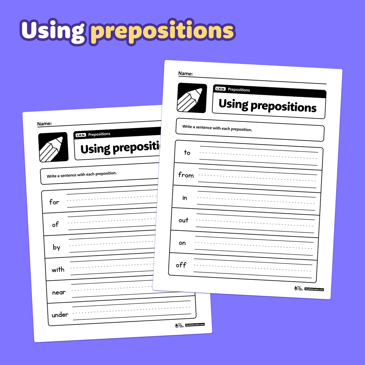 Two kindergarten worksheets with lines for writing sentences about prepositions.