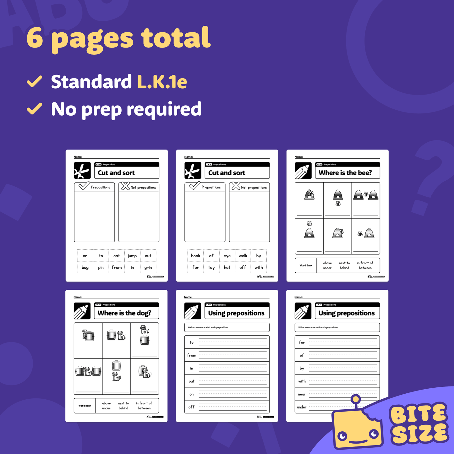 Six kindergarten preposition worksheets with a small robot logo on each page.