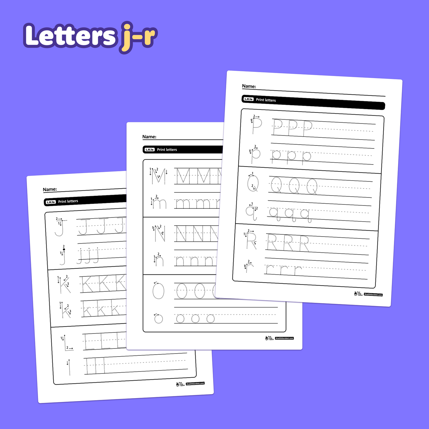 Printable worksheets with practice letters j to r for kindergarten students.