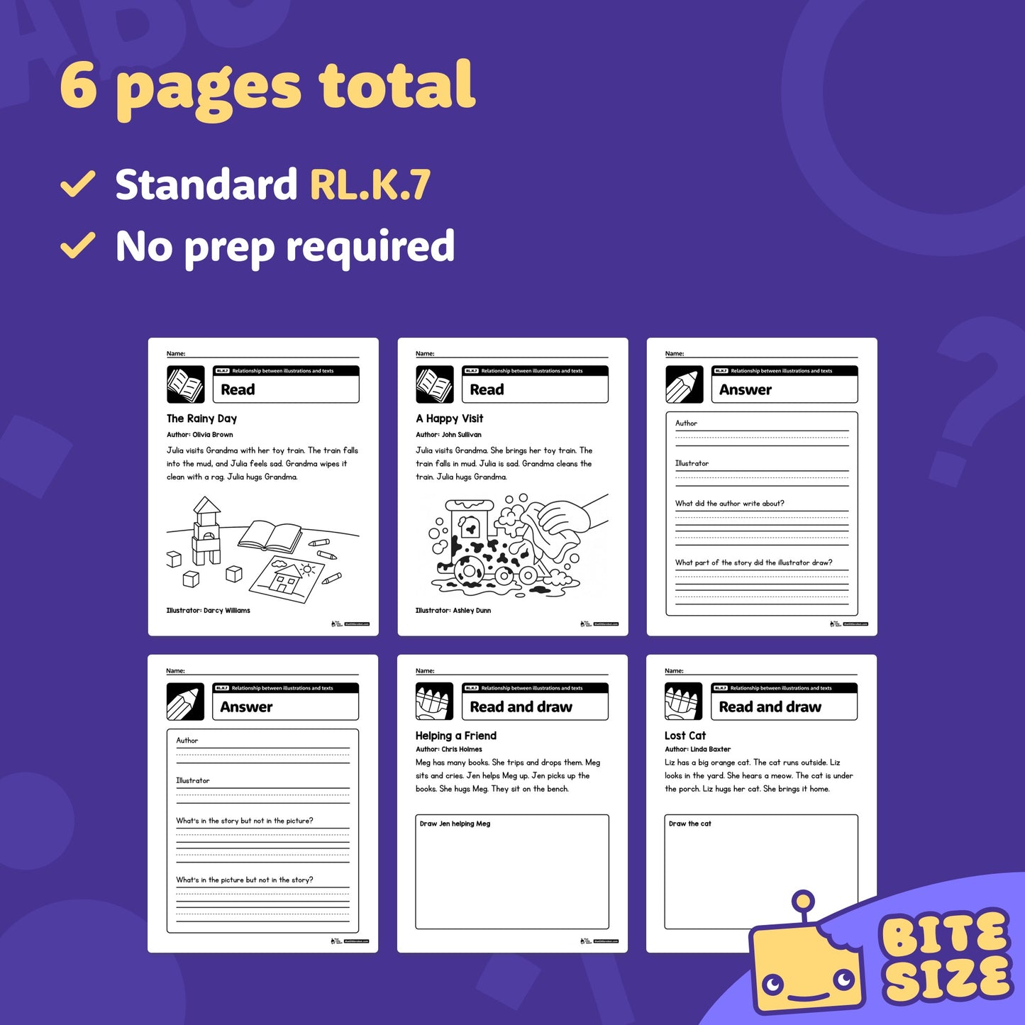 Preview of six Kindergarten RL.K.7 worksheet pages in PDF format.