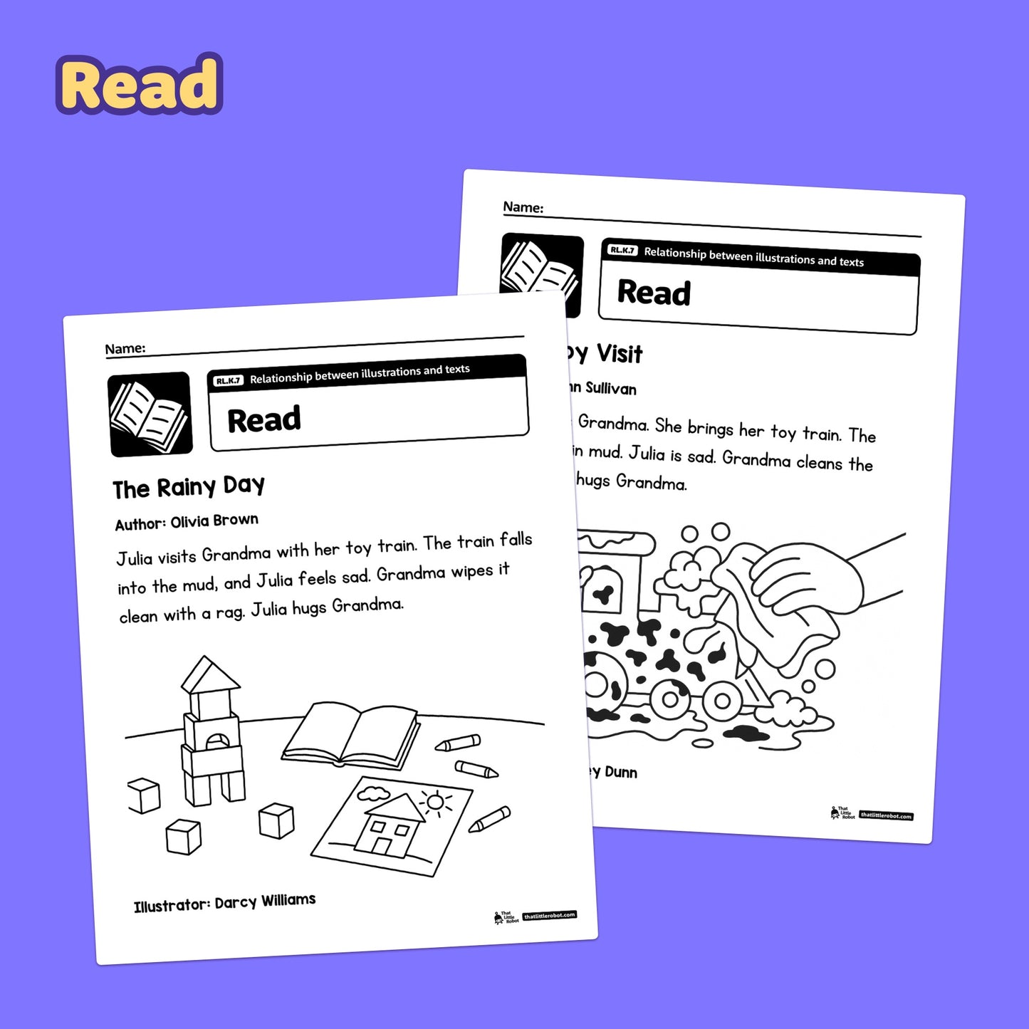 Two kindergarten worksheets about illustrations and texts with RL.K.7 reference.