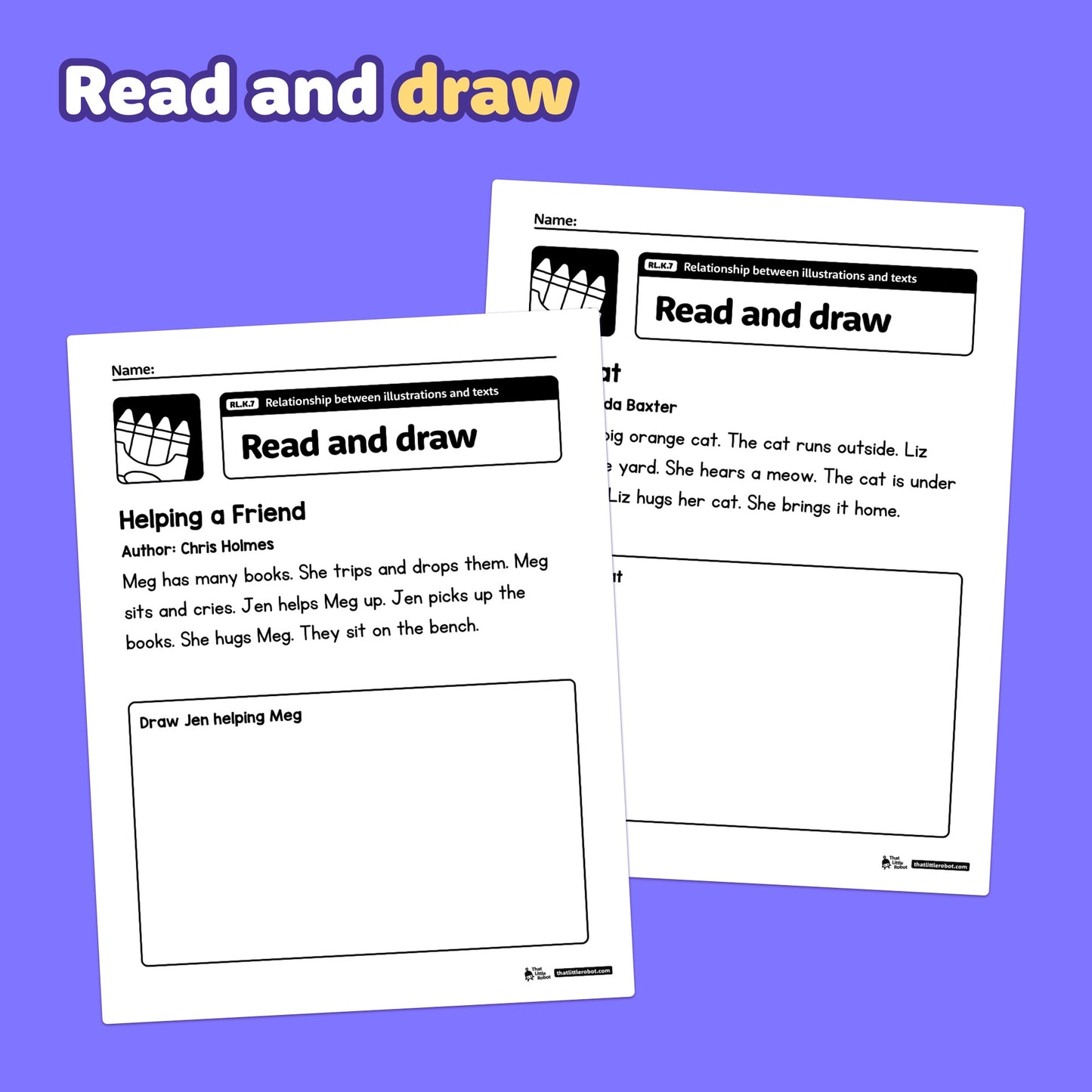Two worksheets with reading passages and blank areas for student drawings.
