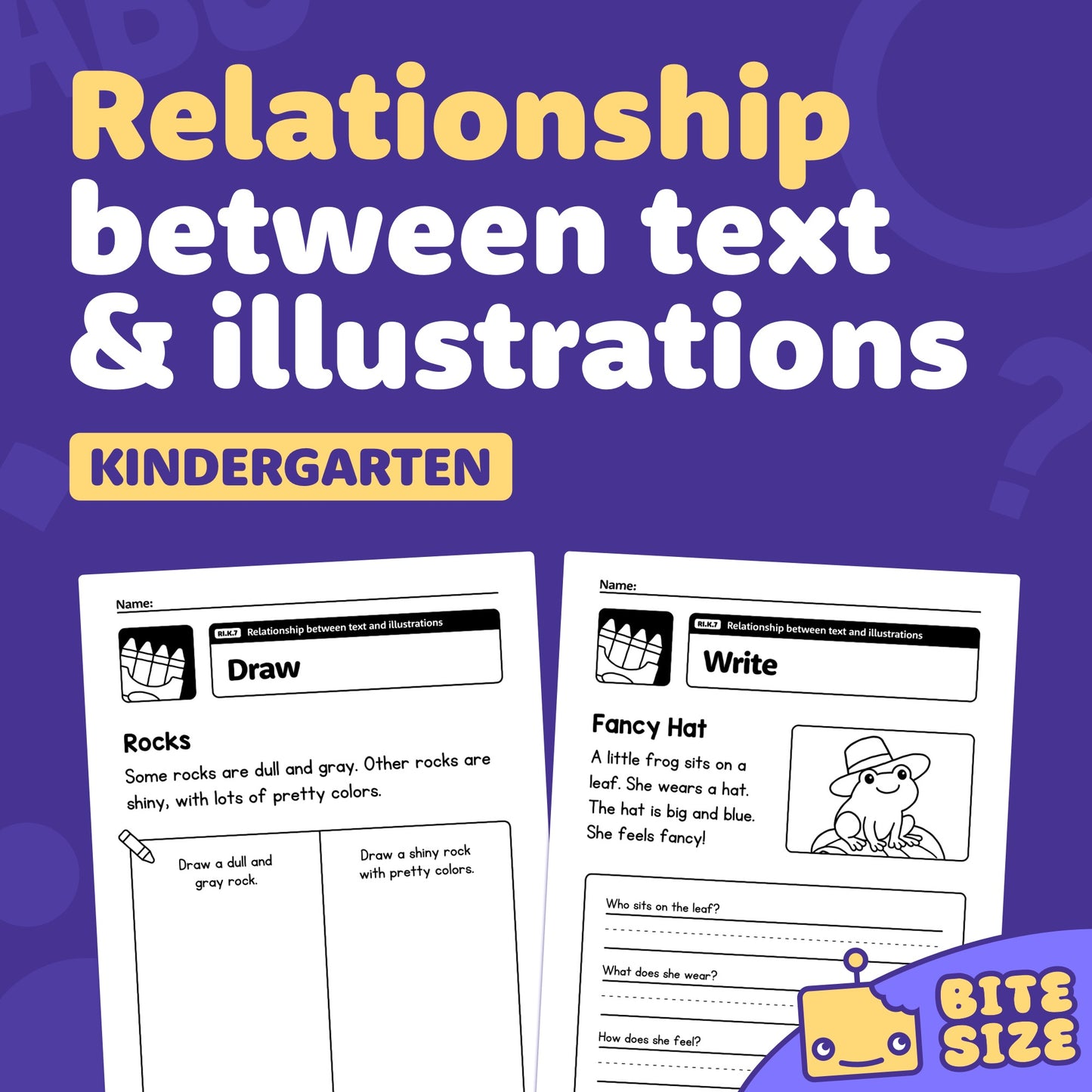 Kindergarten worksheets showing text and illustration relationships with draw and write.
