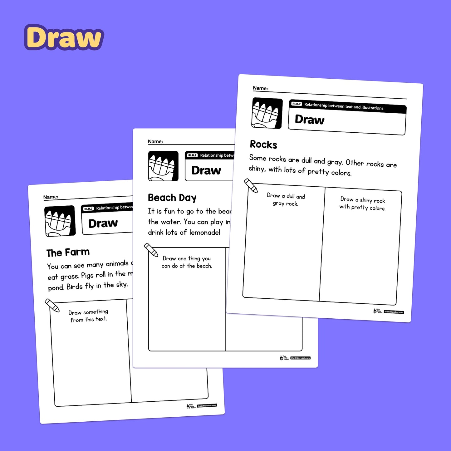 Three kindergarten RI.K.7 worksheets focused on text and illustration skills.
