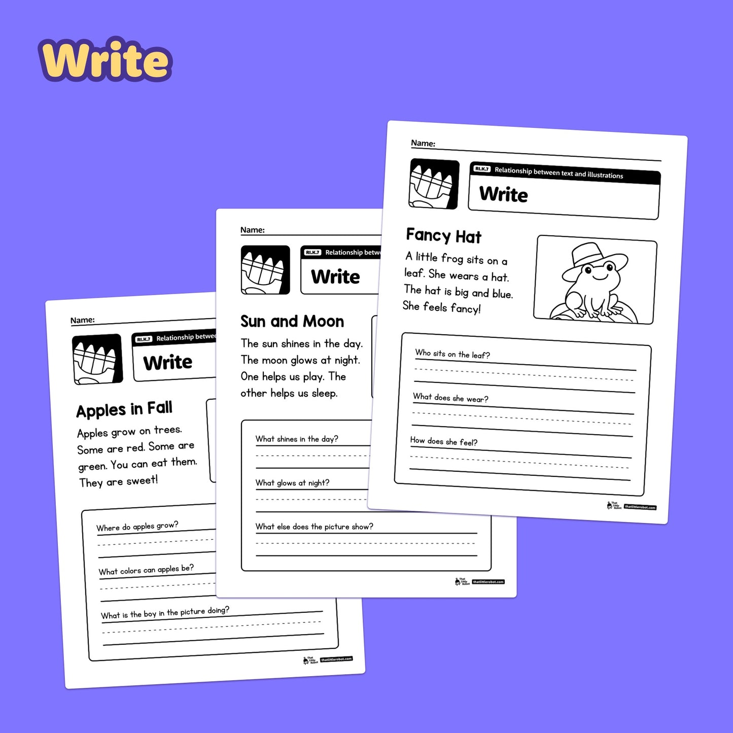 Kindergarten RI.K.7 worksheets with text and illustrations are displayed.