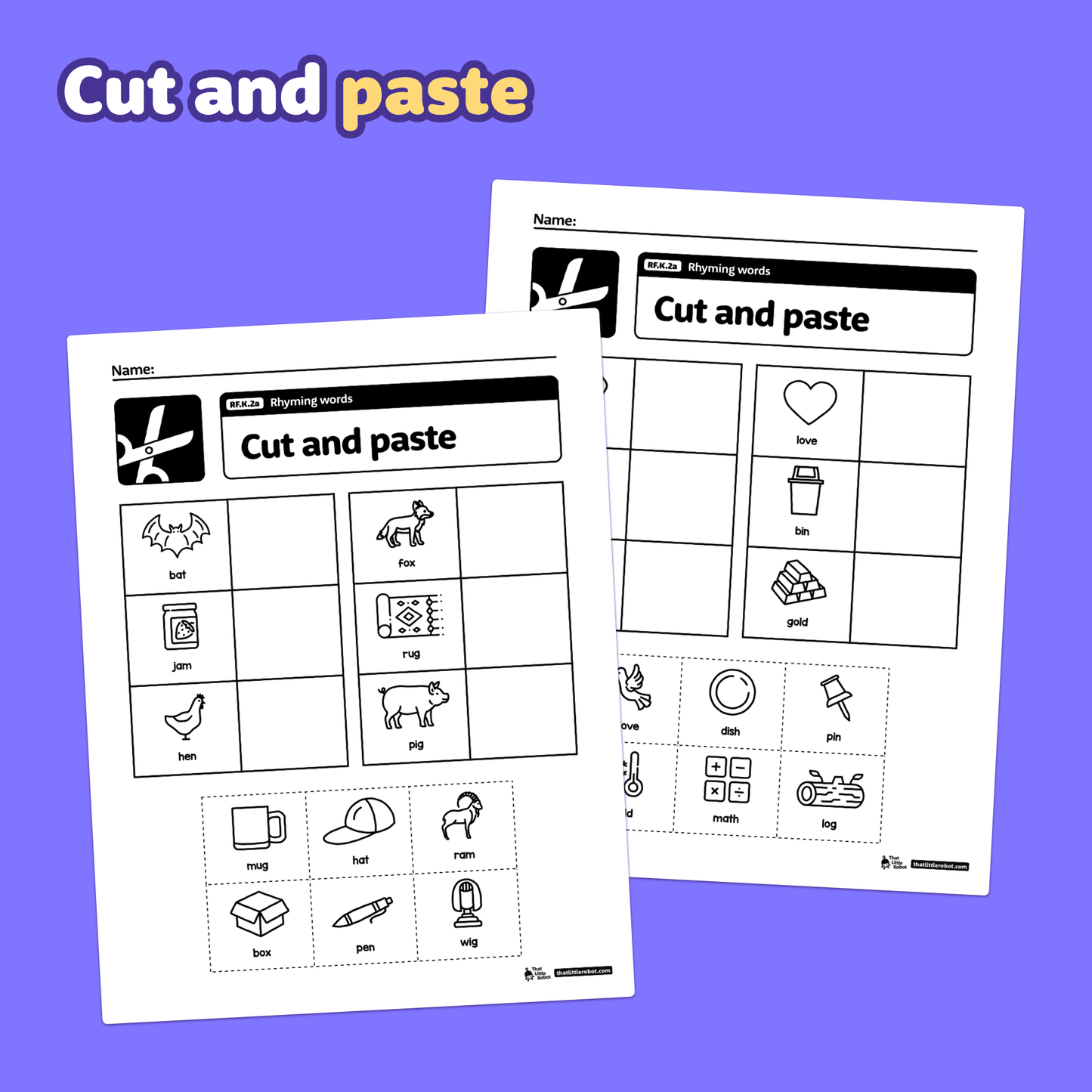 Two worksheets with images and words for RF.K.2a rhyming practice.