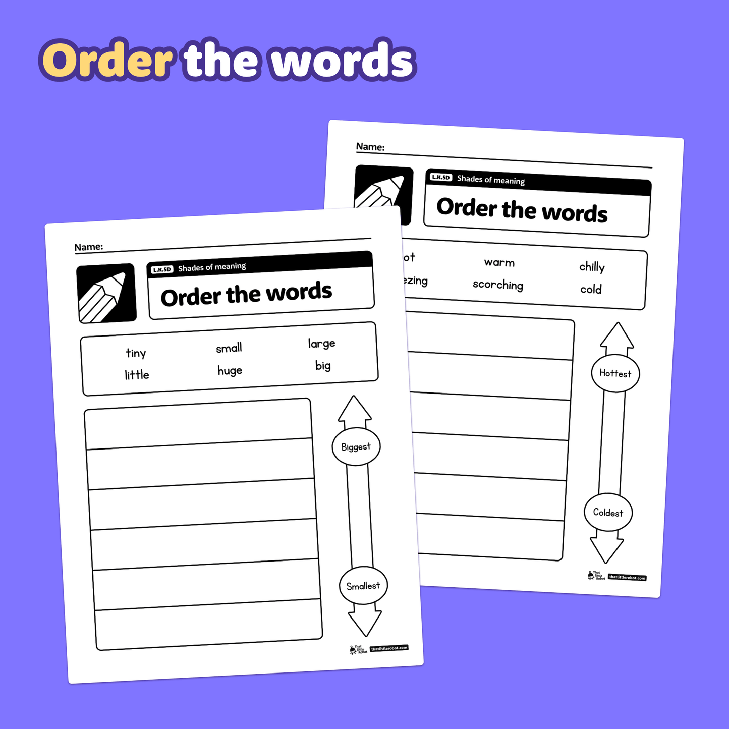 PDF worksheets sorting words by size and temperature for kindergarten students.
