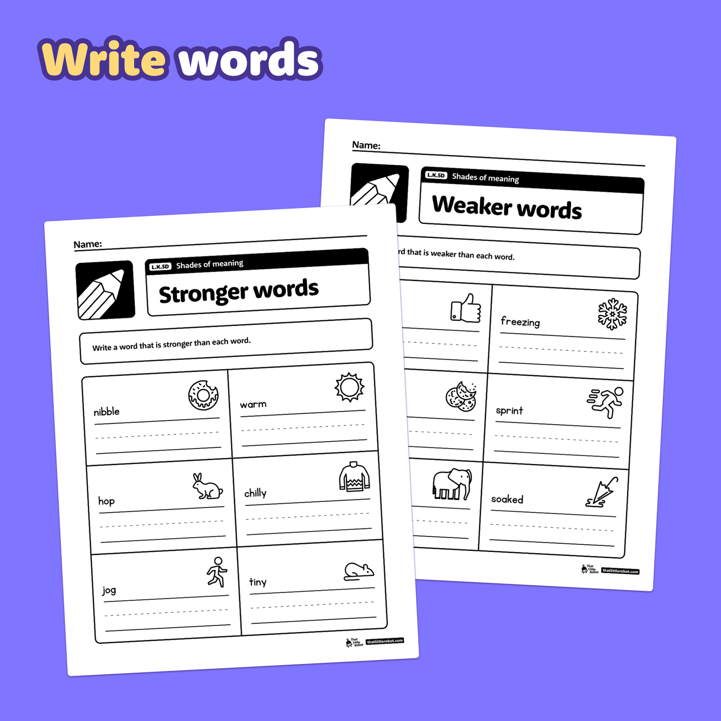 Kindergarten worksheets showing activities for shades of meaning.