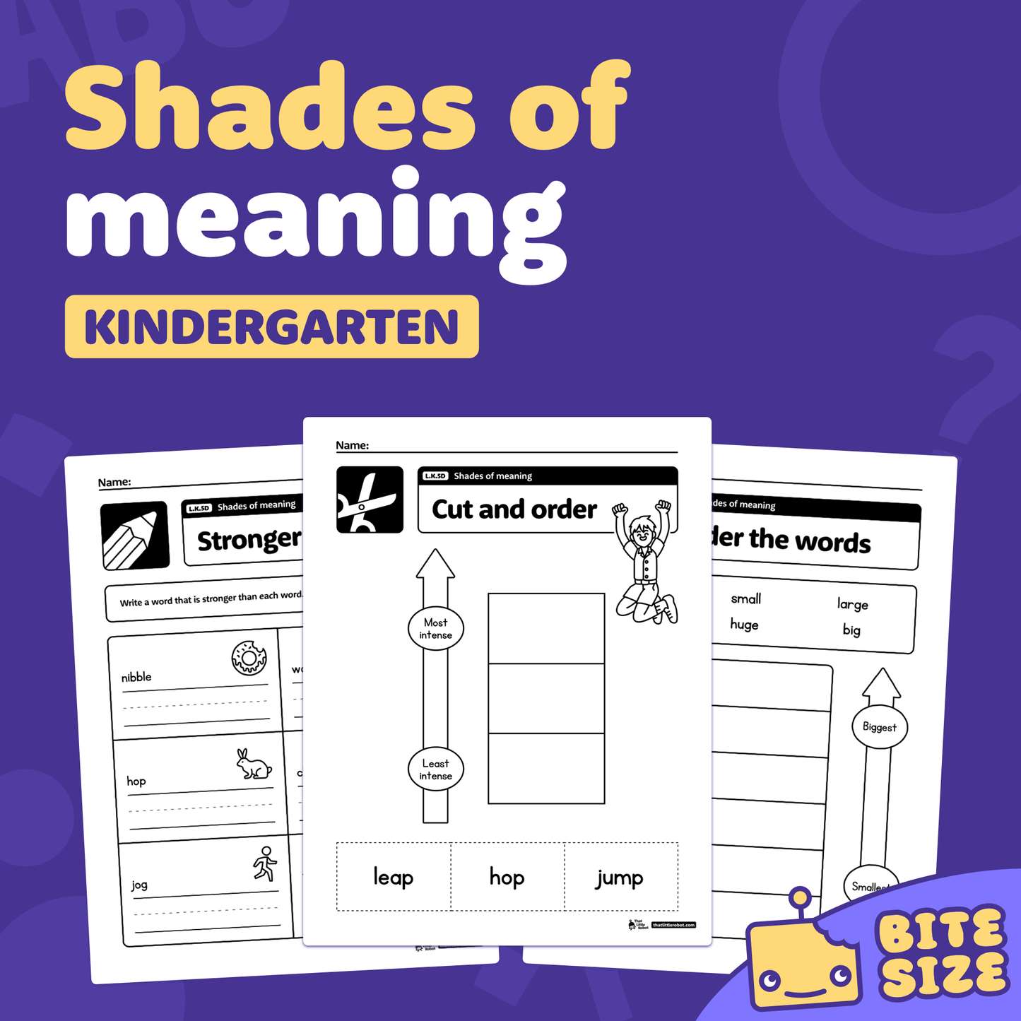 Printable kindergarten worksheets with shades of meaning word activities displayed.