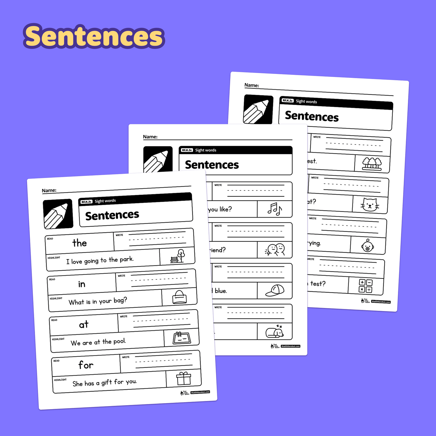 Three kindergarten sight word worksheets displayed side by side.