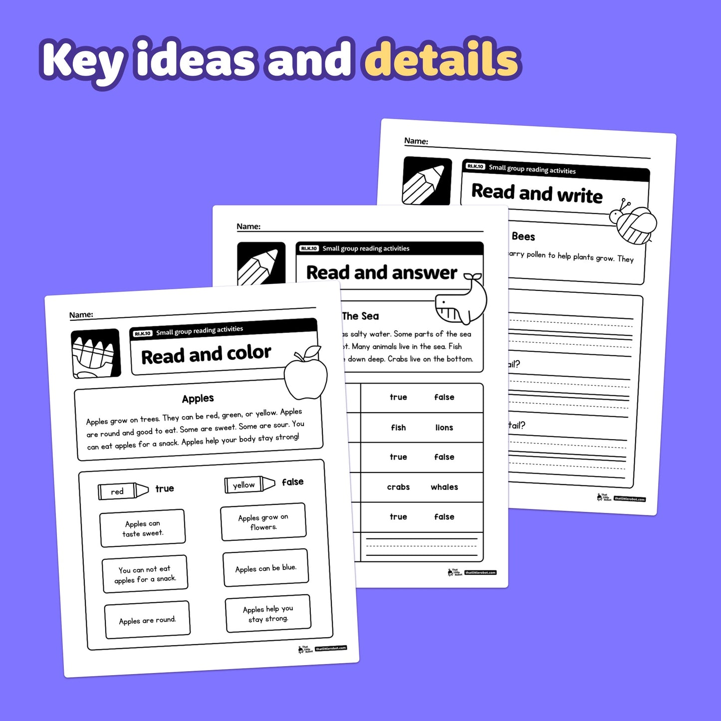 Several worksheets show kindergarten small group reading activities and RI.K.10 text.