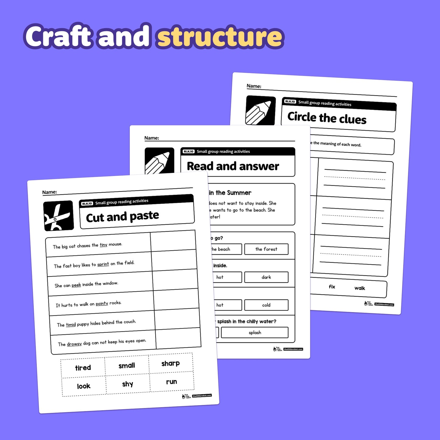 Three Kindergarten reading worksheets display various text and image activities.