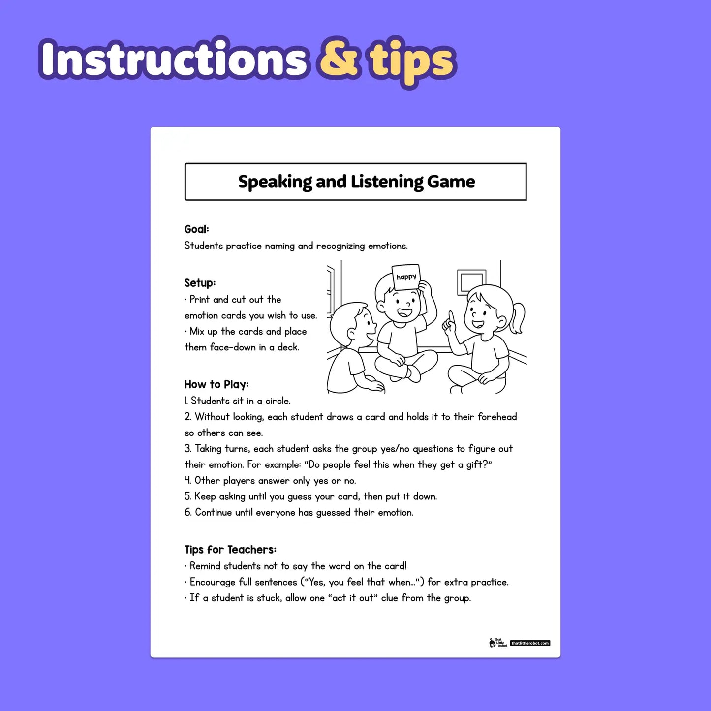 Instruction sheet for speaking and listening game with SL.K.6 listed at the top.