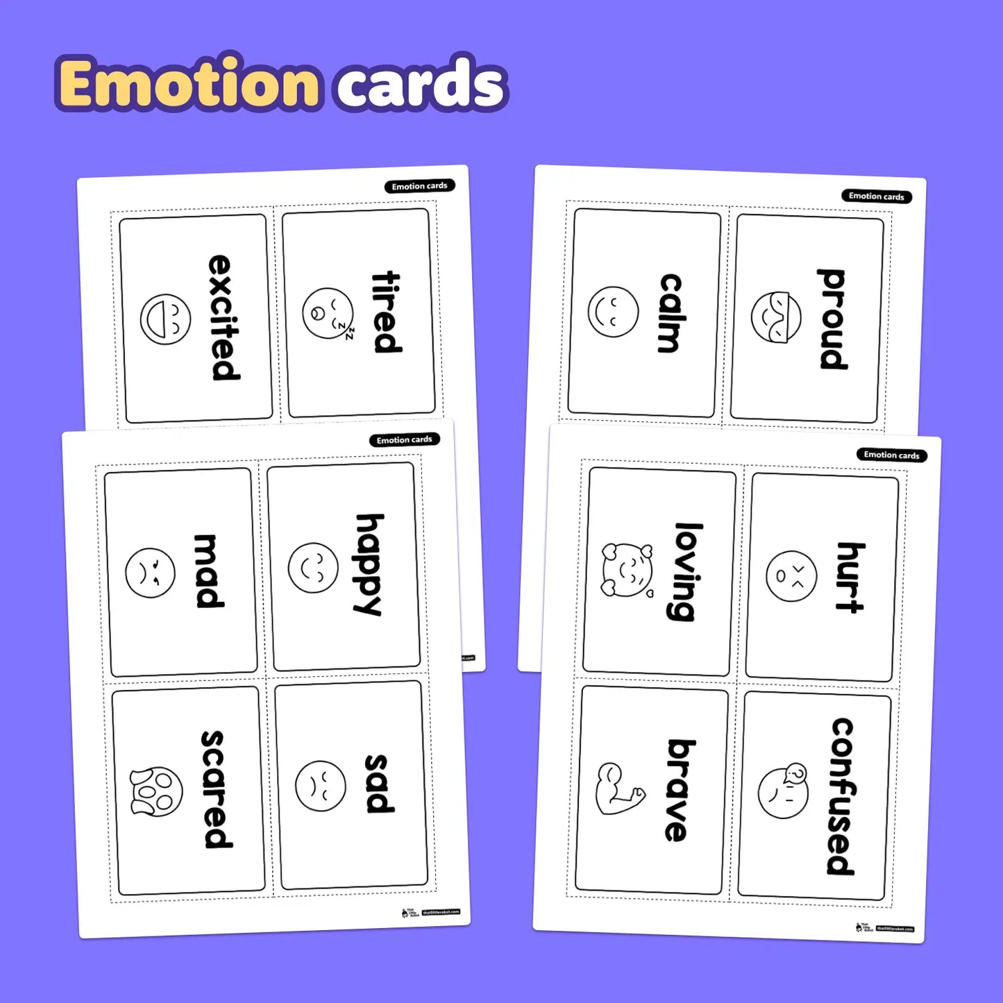 Four printable sheets display illustrated cards showing different emotions.