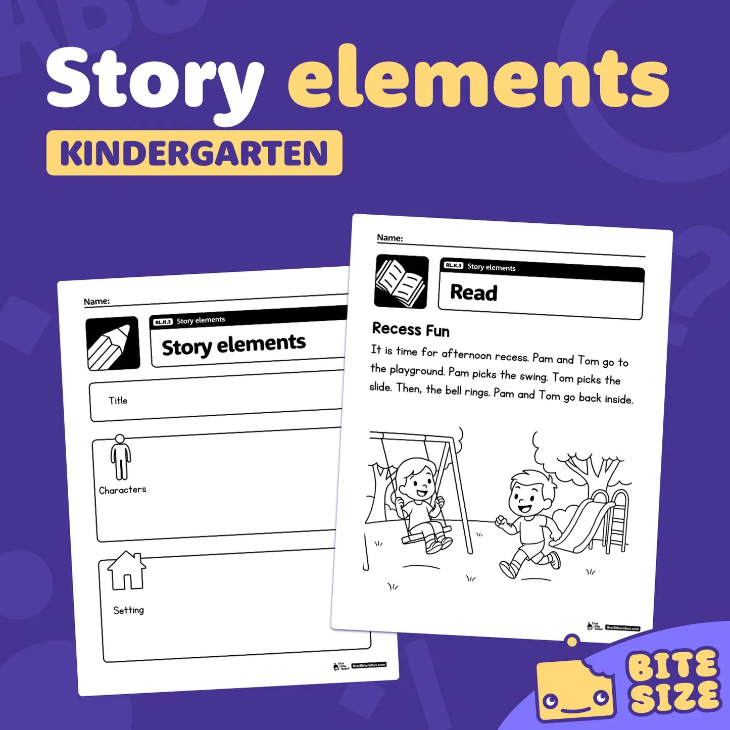 Printable worksheets showing story elements with cartoon kids and a playground.