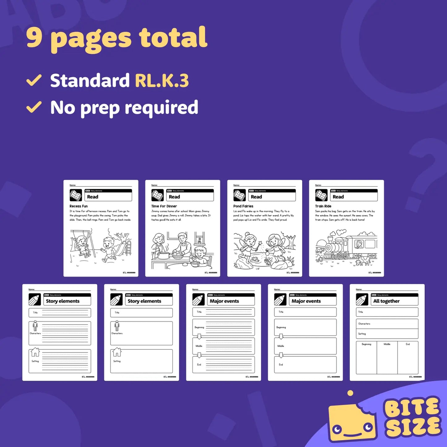 Nine kindergarten story elements worksheets displayed as a printable PDF preview.