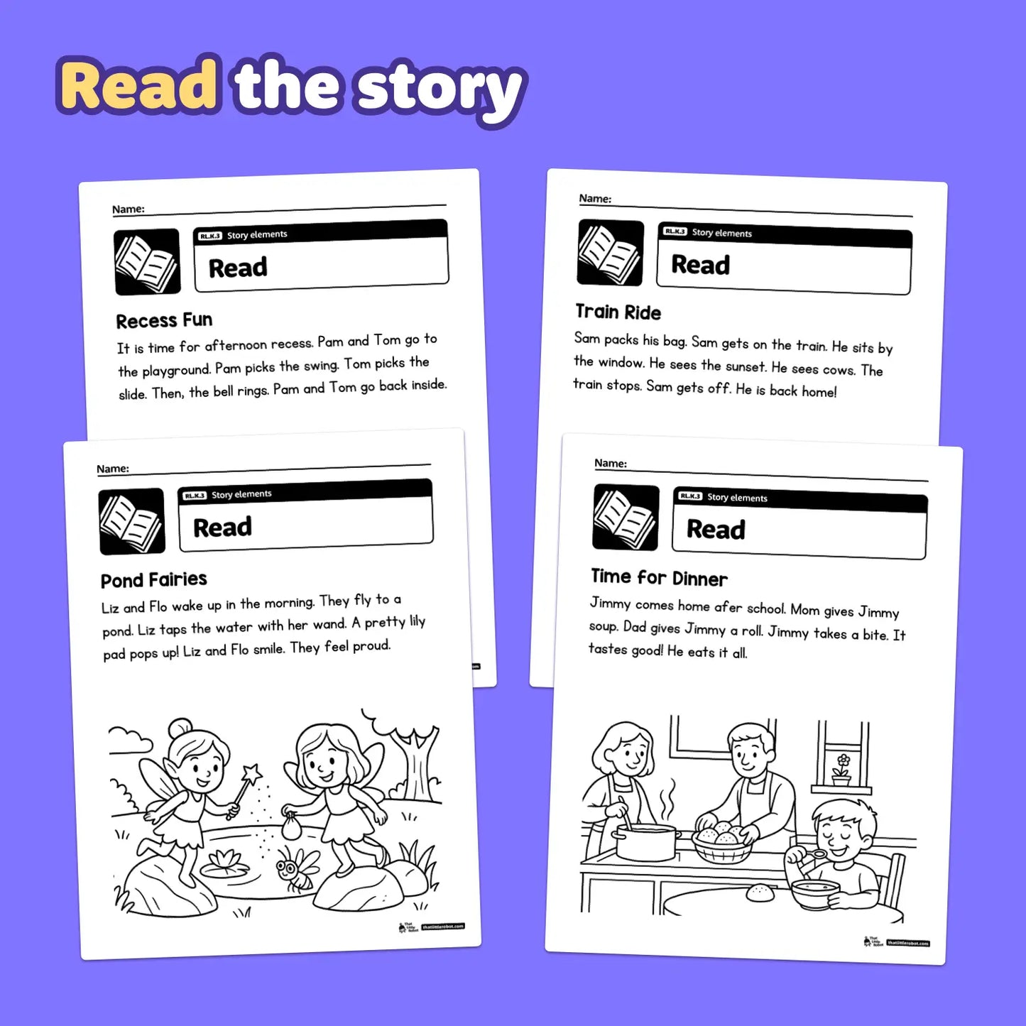 Four Kindergarten worksheets with stories, titles, text, and illustrations.