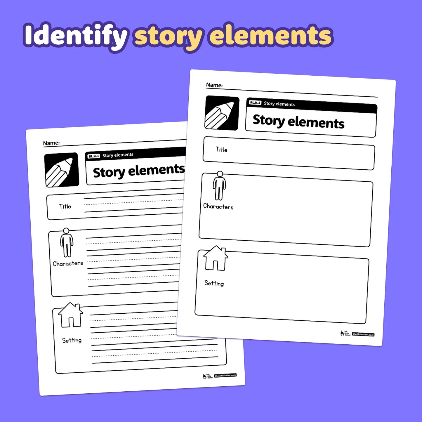 Two worksheets with spaces for title, characters, and setting information.