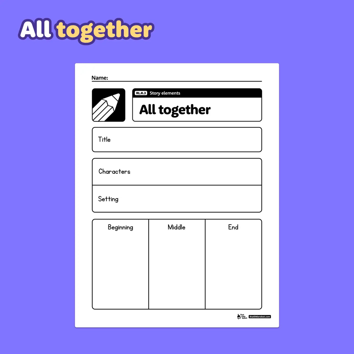 Kindergarten story elements worksheets with RL.K.3 label and worksheet samples.