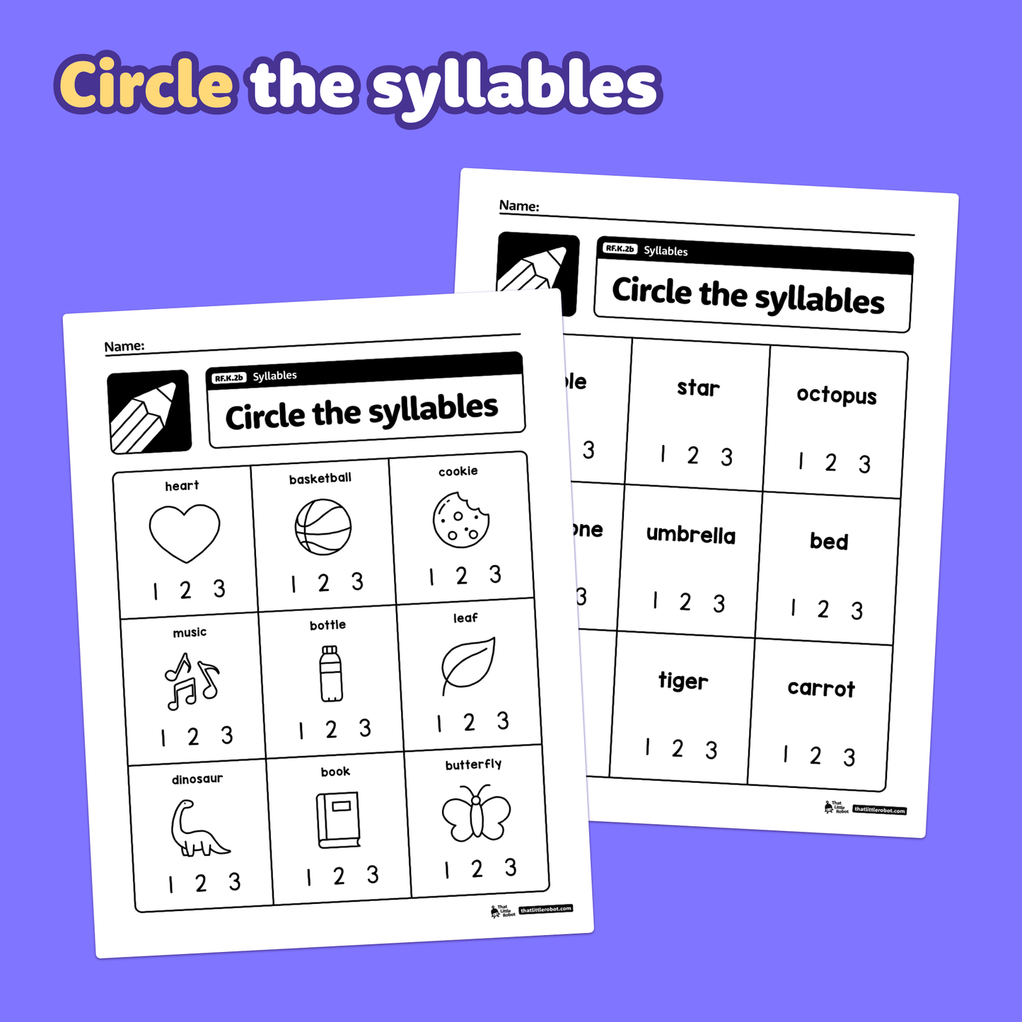Printable kindergarten worksheets with images and words for counting syllables.
