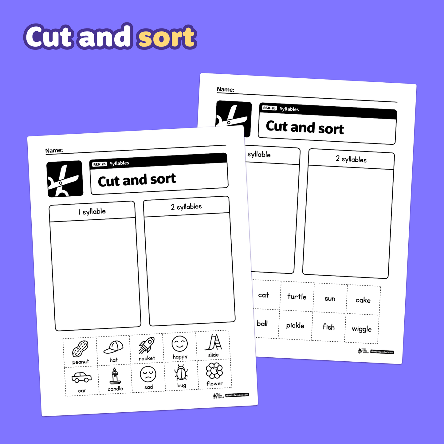 Three kindergarten worksheets about counting and identifying syllables.