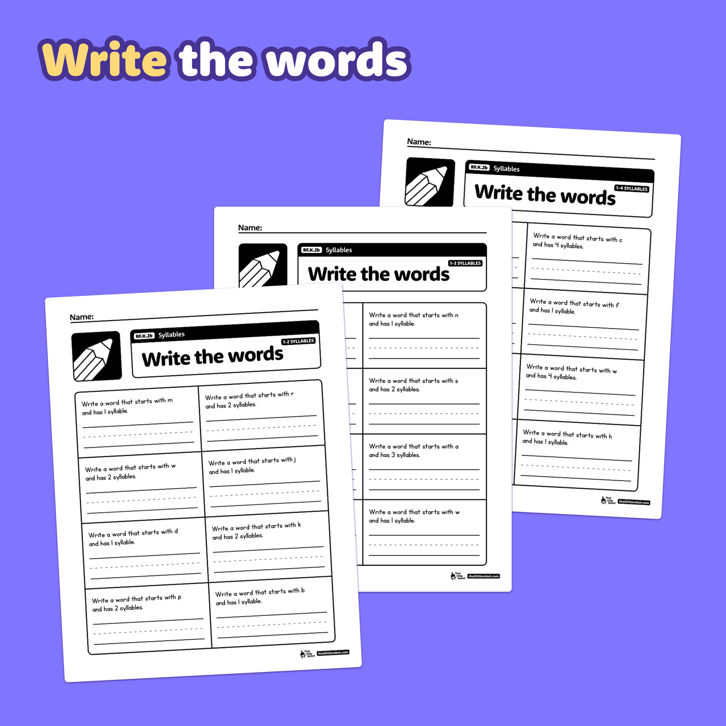 Three kindergarten worksheets with syllable counting activities are displayed.