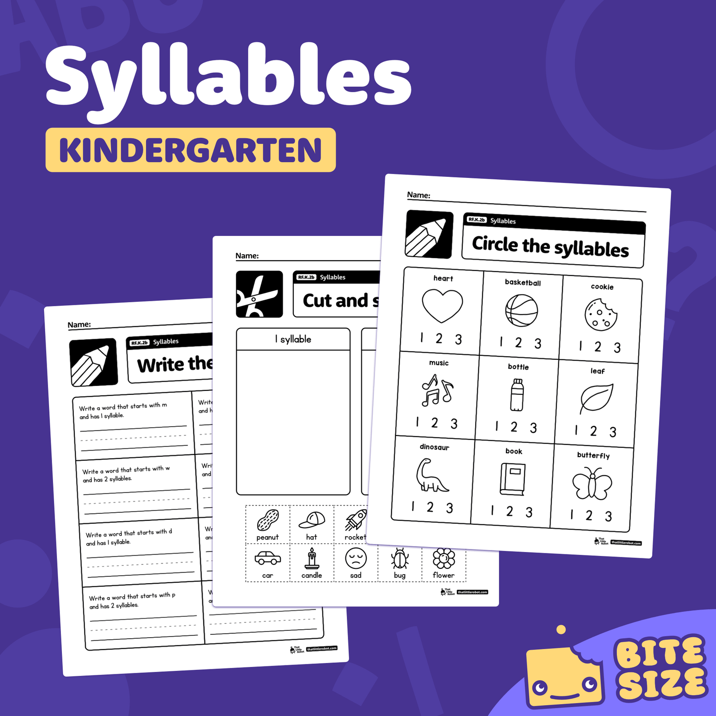 Kindergarten syllable worksheets with "Bite Size" logo and RF.K.2b label.