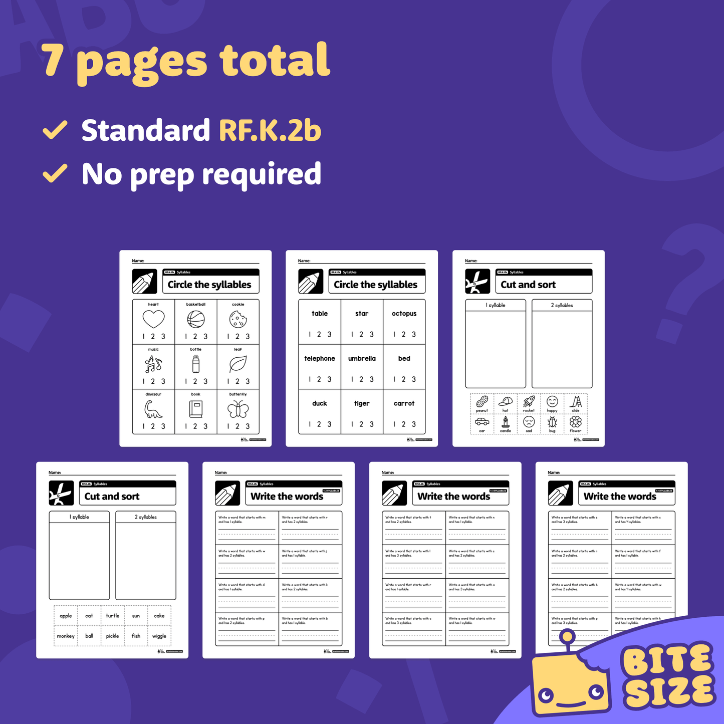 Preview of seven kindergarten worksheets with syllable counting activities.