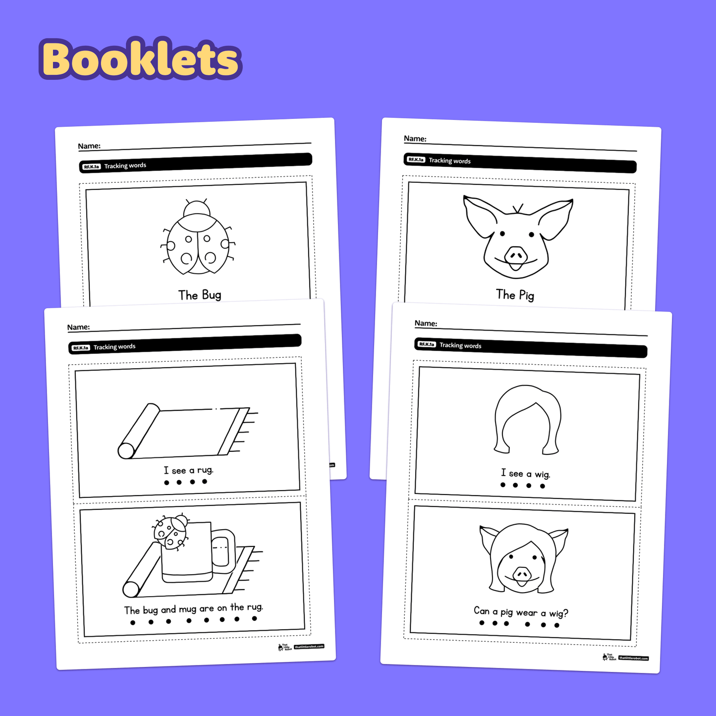 Worksheets showing tracking word activities with a bug, pig, rug, and wig.