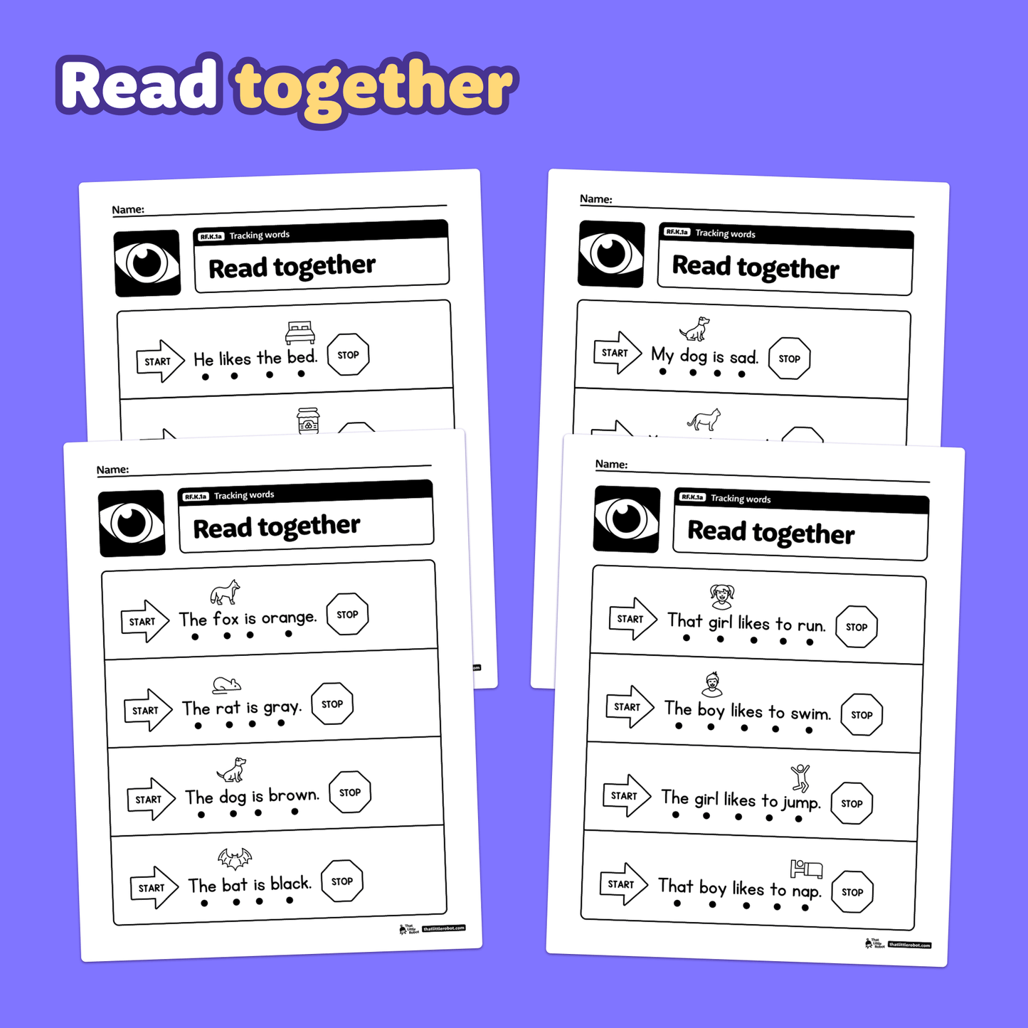 Worksheets with tracking sentences for kindergarten word recognition RF.K.1a.