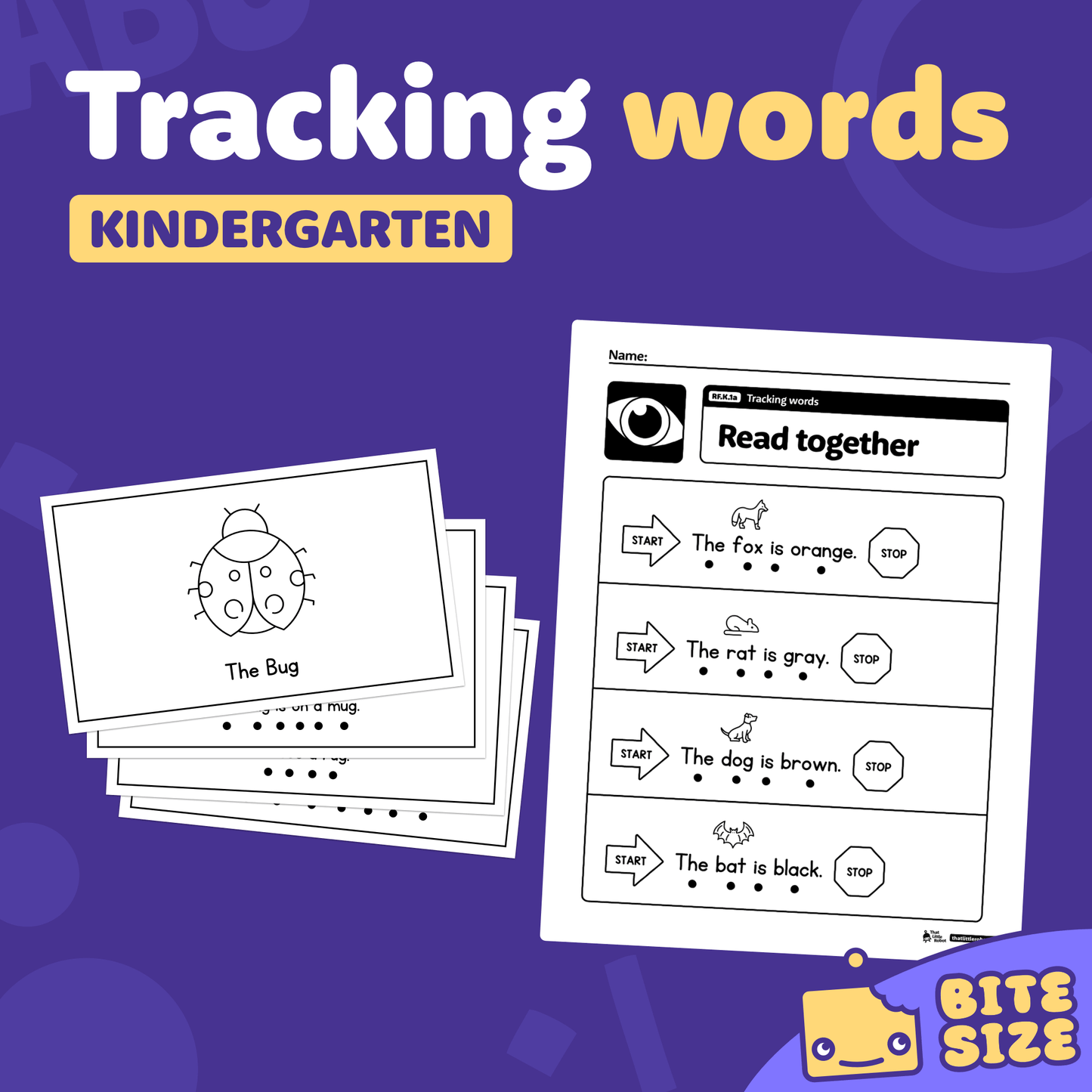 Printable kindergarten tracking words worksheets with RF.K.1a label visible.