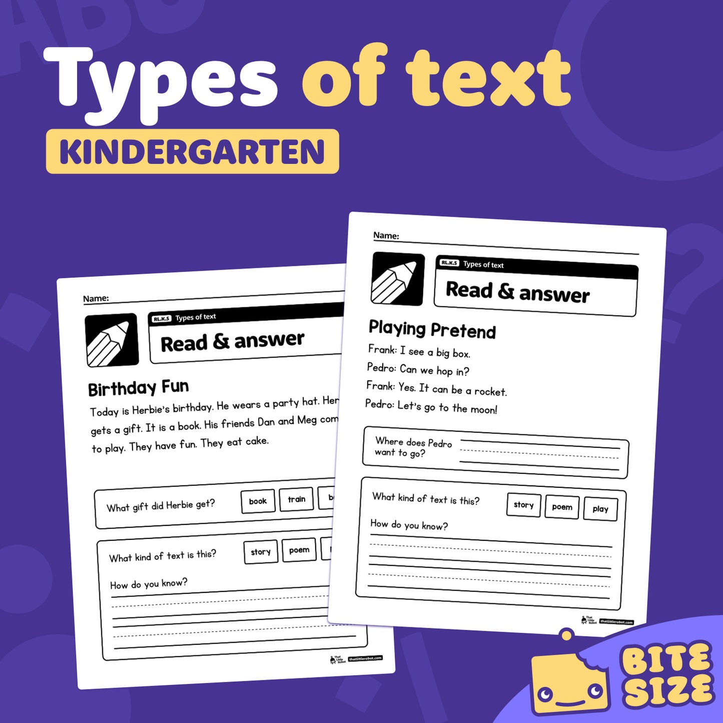 Worksheets with questions and illustrations about types of text for kindergarten.